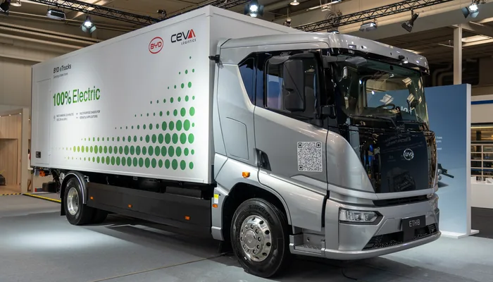 BYD ETH8 heavy-duty electric truck at IAA Transportation 2024, representative of the BYD commercial electric vehicle line now expanded with the ETT 44 flagship tractor and 1.5 MW Flash Charging at IAA Transportation 2026