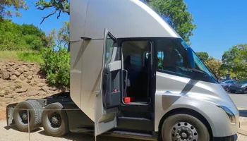 Tesla Semi Class 8 battery-electric tractor on the road, the model Tesla confirmed for the European market with a three-motor rear axle and 800 kW drivetrain at IAA Transportation 2026